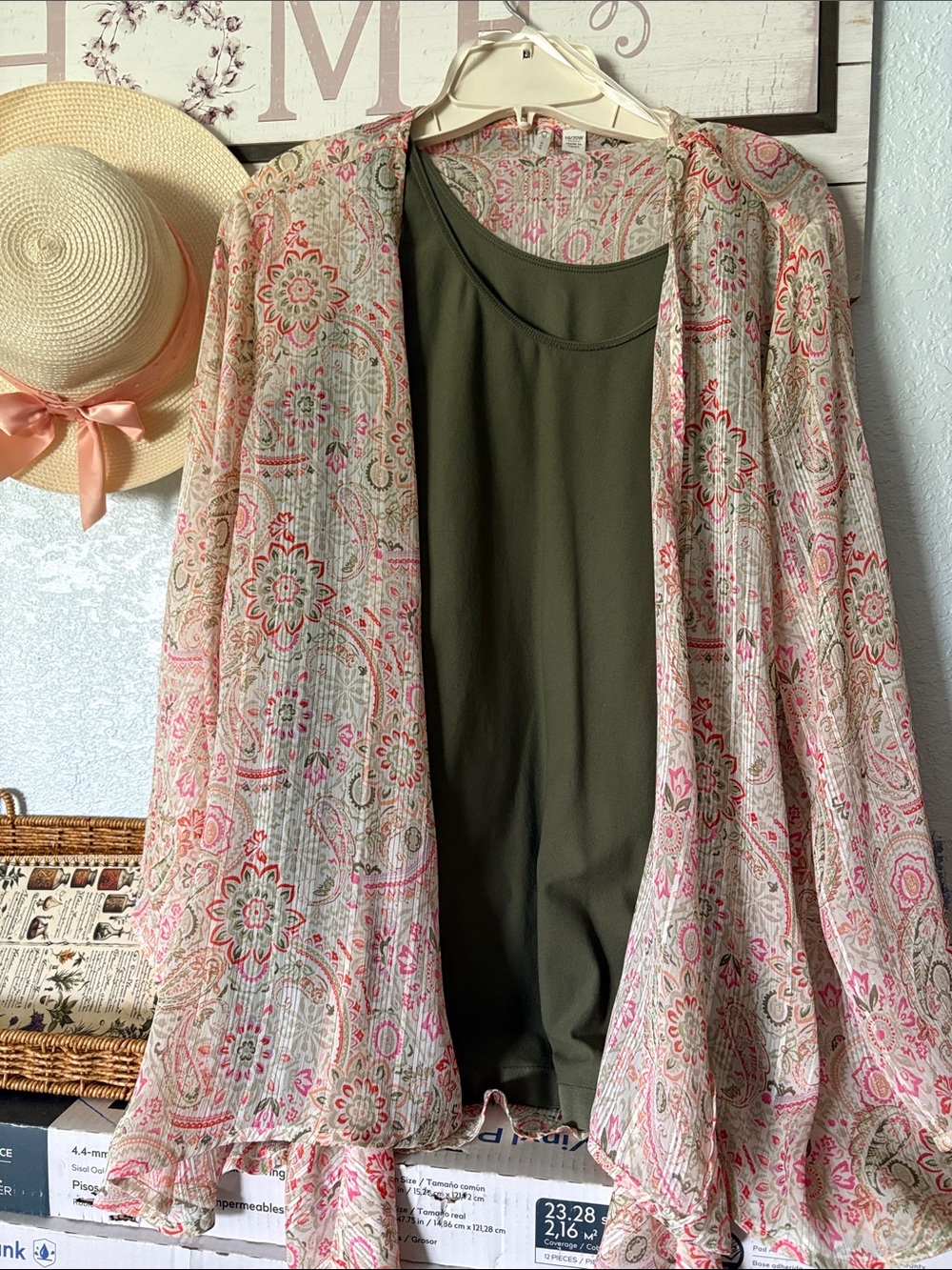 Cato Olive Green Tank with Pink Floral Sheer Kimono